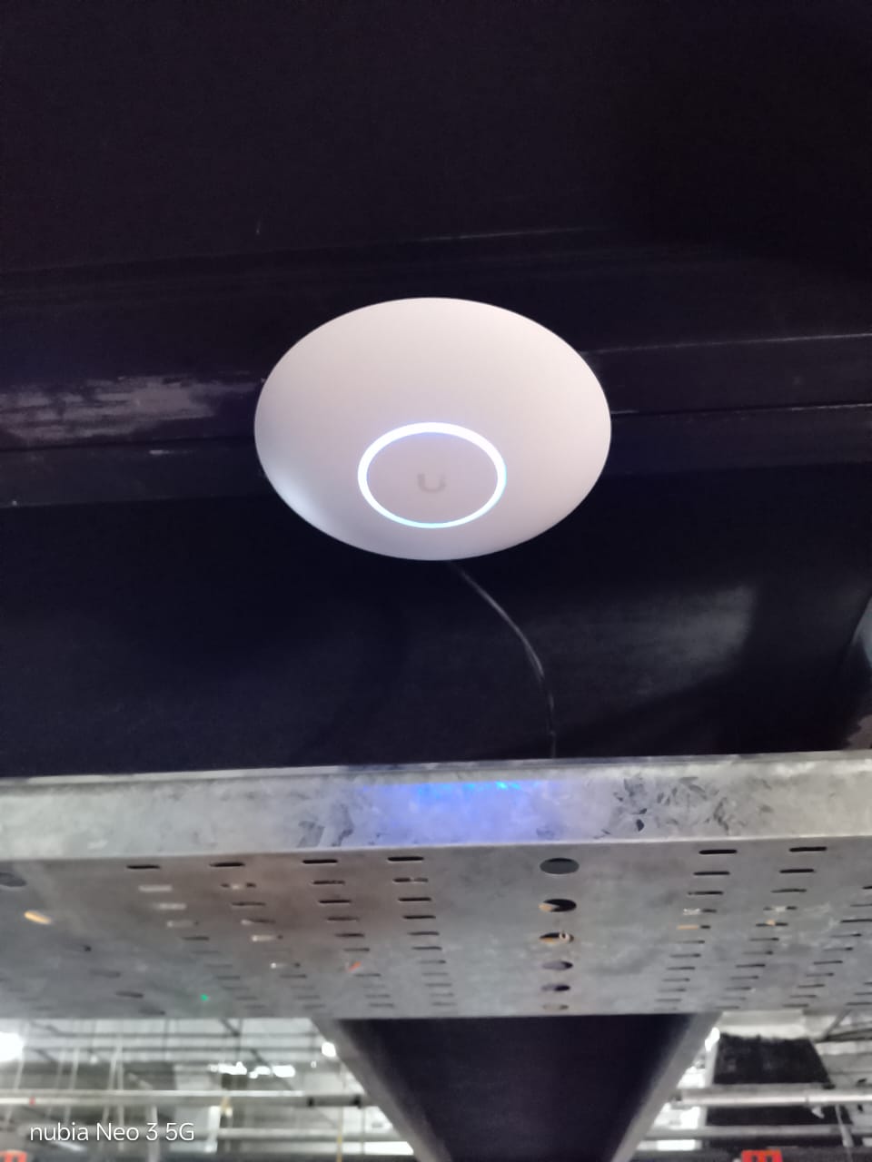 Access point Ubiquiti instalado junto a una bandeja de cables